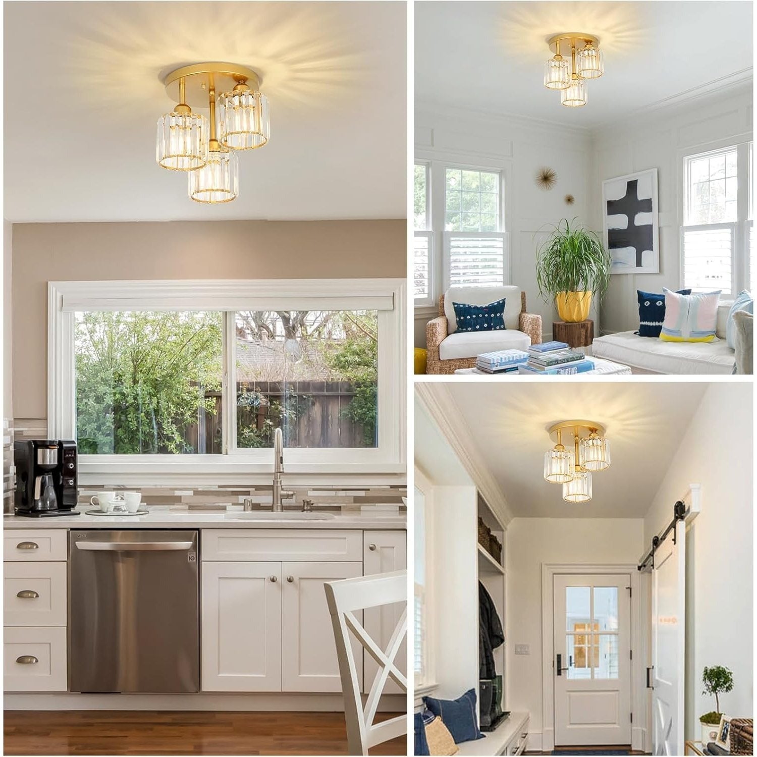 Modern Semi-Flush Mount Ceiling Light, Crystal 3-Head Kitchen Light, Hallway Pendant Light, Indoor Flush Mount Light, Suitable for Bedroom, Foyer, Entryway, Kitchen