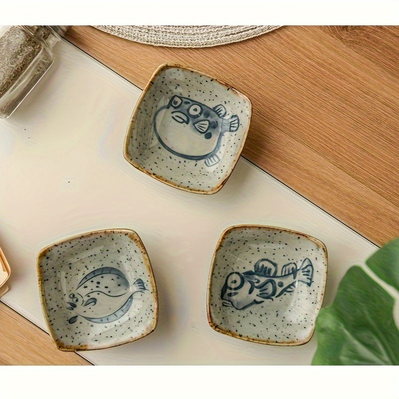 6pcs Cartoon Archaistic Square Ceramic Sauce Dish, Dip Dish, Soy Sauce Dish, Sushi Dish