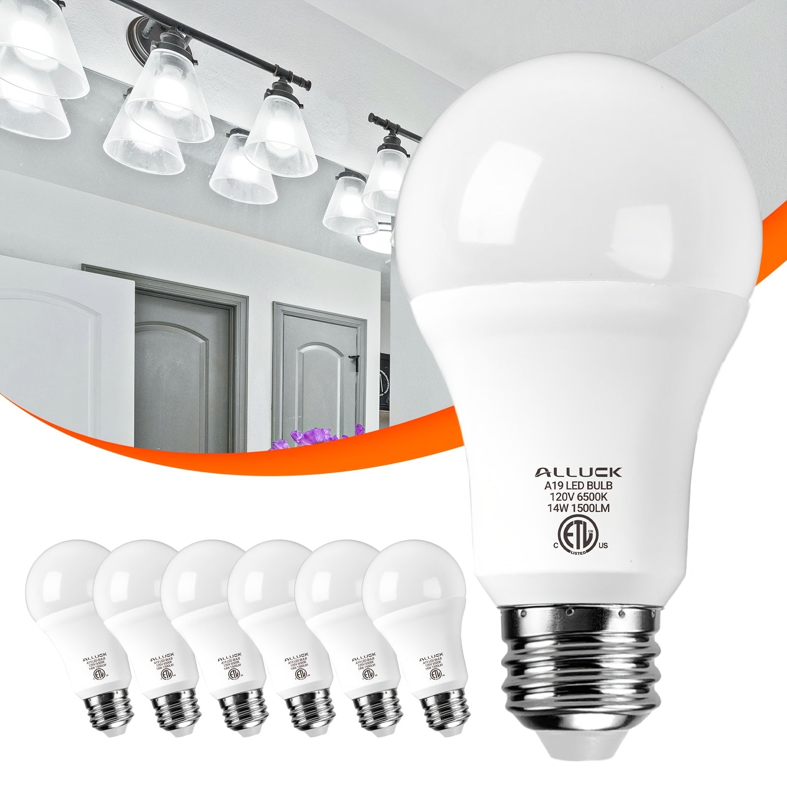 ALLUCK A19 LED bulb 6-pack, 14W 1500LM (100W equivalent), E26 base, selectable color temperature (3000K warm white / 5000K daylight / 6500K cool white), CRI 85+, flicker-free, long-lasting, eye-protection, non-dimmable