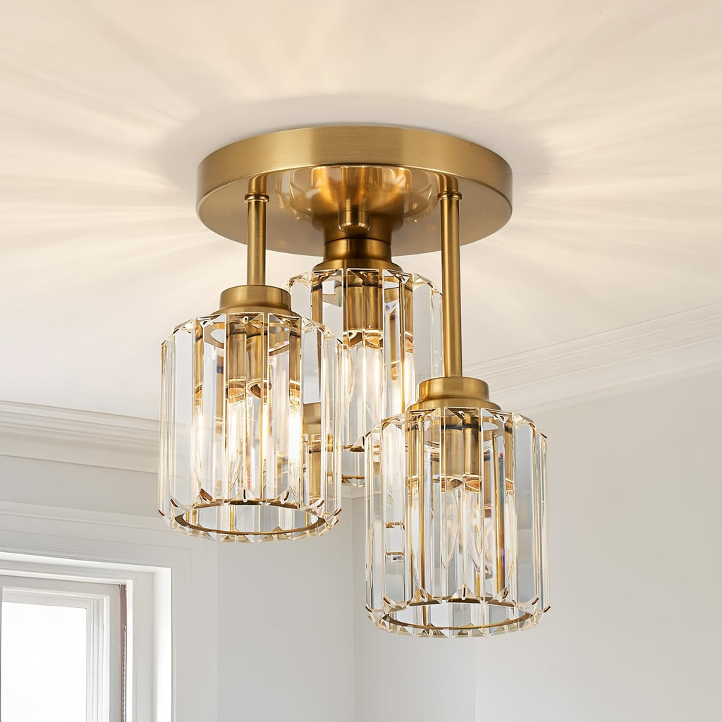 Modern semi-flush mount ceiling light, three-light crystal chandelier, E26 base pendant light, suitable for living room, dining room, bedroom, kitchen, hallway
