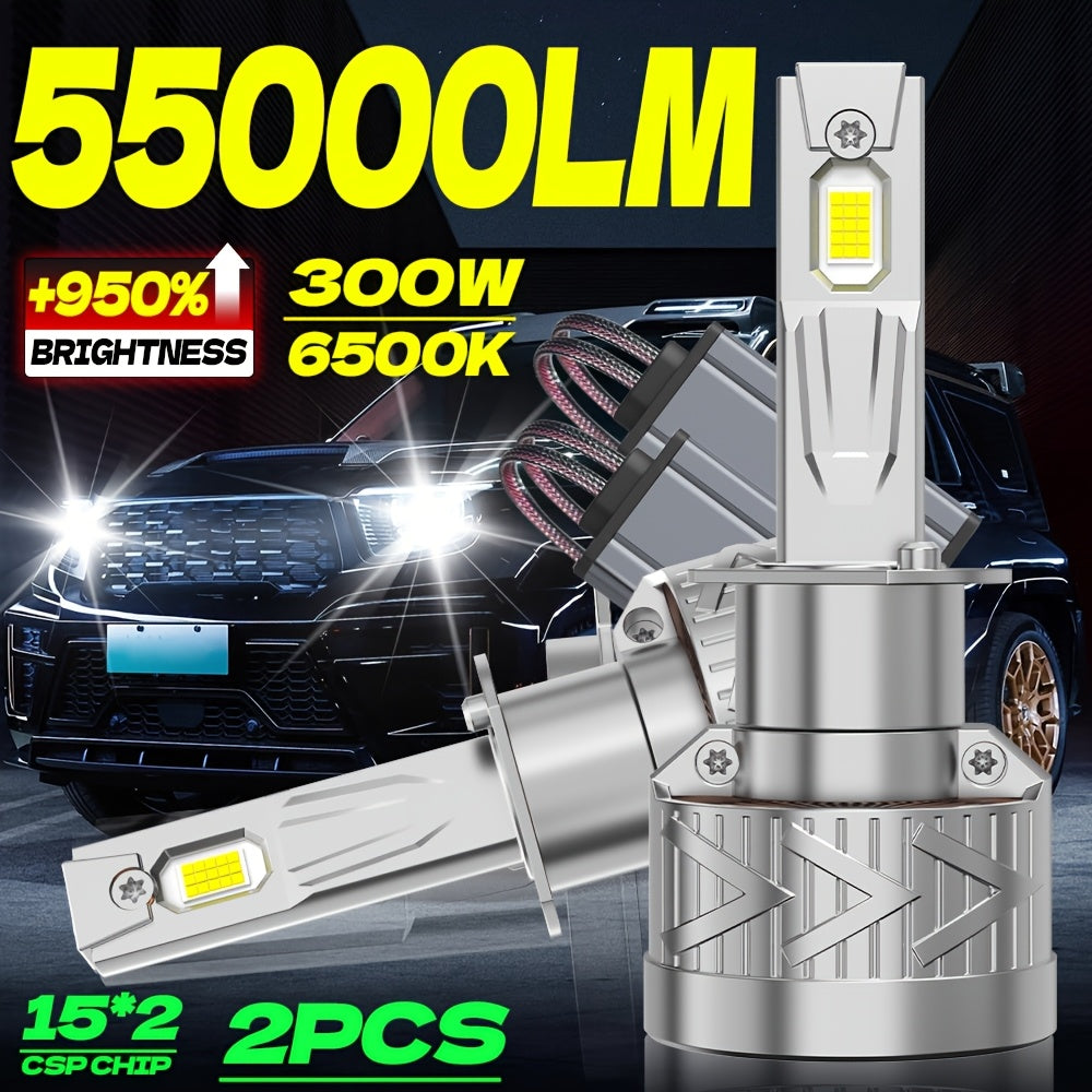 2-Pack LED Car Headlight Bulbs, Compatible with 9005/HB3, 9006/HB4, H1, H7 and H11 Models, 55,000 Lumens No CANBUS Error, 950% Brightness Increase, 6500K Cool White Light, Plug-and-Play, 60,000 Hours Ultra-Long Life