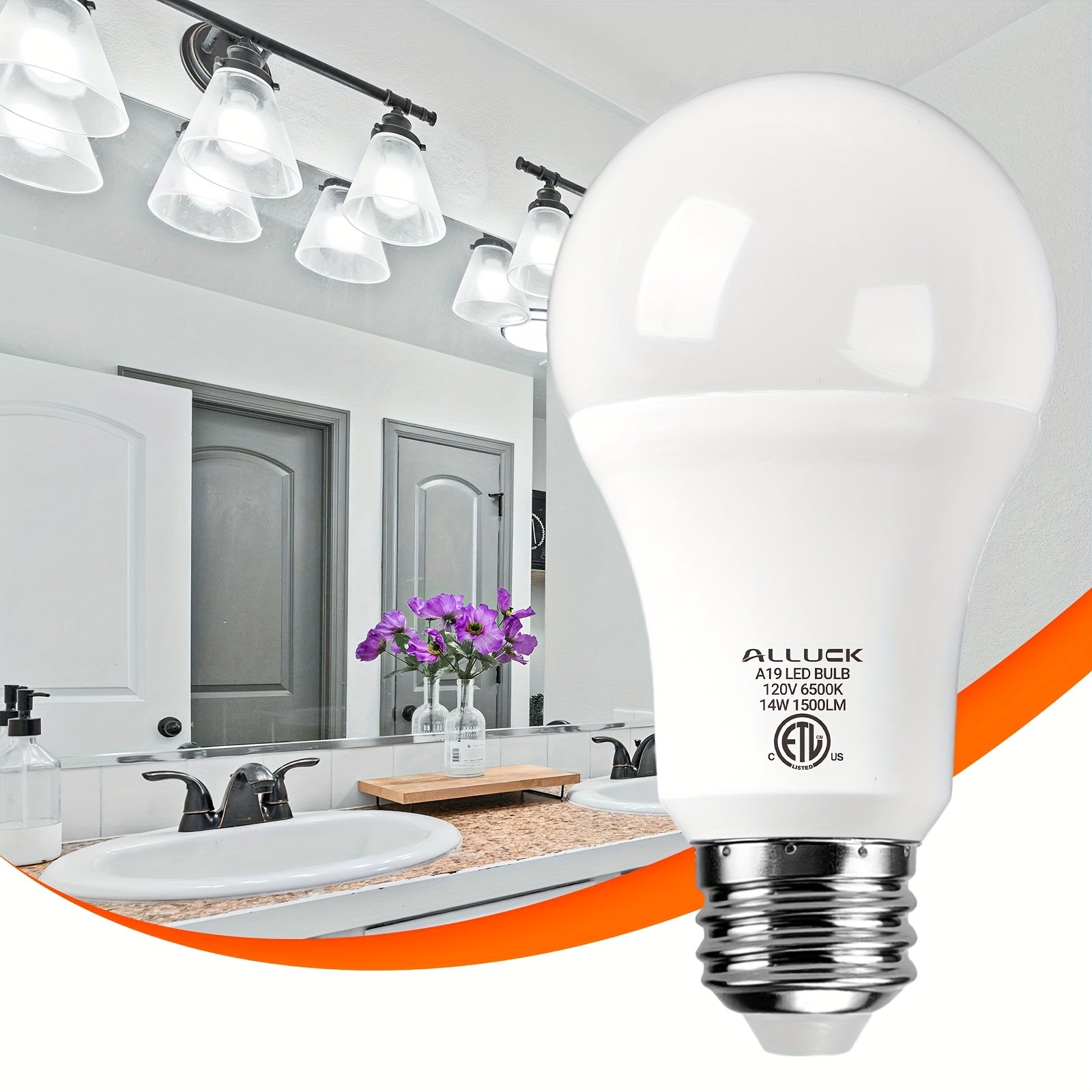 ALLUCK A19 LED 灯泡 6 件装，14W 1500LM（100W 等效），E26 底座，可选色温（3000K 暖白/5000K 日光/6500K 冷色），CRI 85+，无闪烁，持久，护眼，不可调光 家庭、办公室和商业用途，暖色环境照明