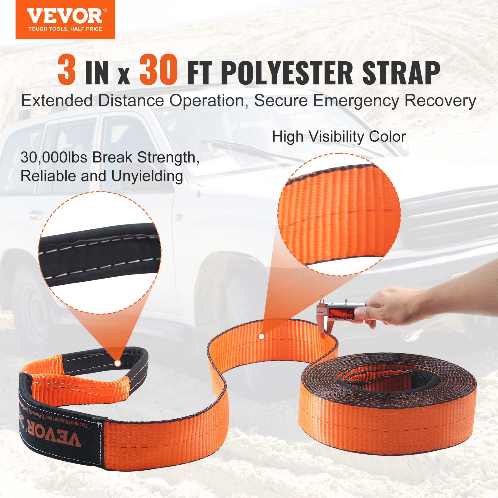 VEVOR Off-Road Recovery Kit, 3in x 30ft, Heavy Duty Winch Recovery Kit with 30,000lb Tow Rope, 44,092lb D-Ring Shackle, Receiver and Storage Bag, for ATV, Jeep, Off-Road Vehicle, Truck