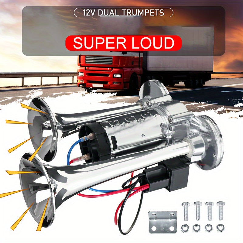 Large Truck Horn 12V High-Low Heavy Bass Super Loud Train Sound Boat Sound Air Horn Marine Dual Trumpet Horn with Built-in Air Compressor, Suitable for Ships, Cars, Trucks, Jeeps and Other 12V Vehicles