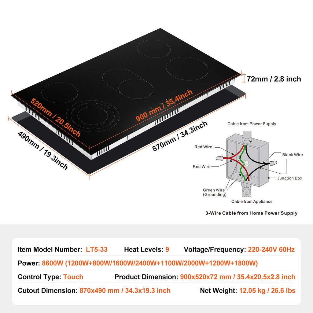 VEVOR Built-In Electric Radiant Ceramic Cooktop, 5 Burners, 35.4 x 20.5 Inches