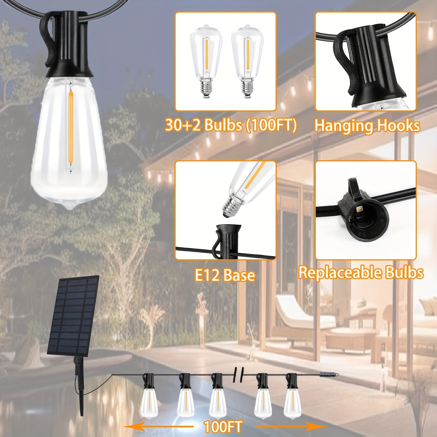 Solar ST38 LED String Light - 50/100/200FT Shatterproof Light String with Remote Control, Perfect for Outdoor Courtyard Decoration, Cafe Bistro, Christmas Wedding Party Night Light