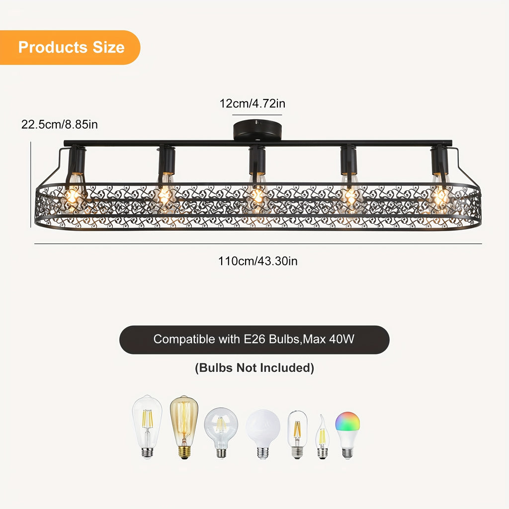 Five-light black dining room lighting fixture, farmhouse style ceiling light, industrial style kitchen light, ceiling light suitable for living room, bedroom, cafe