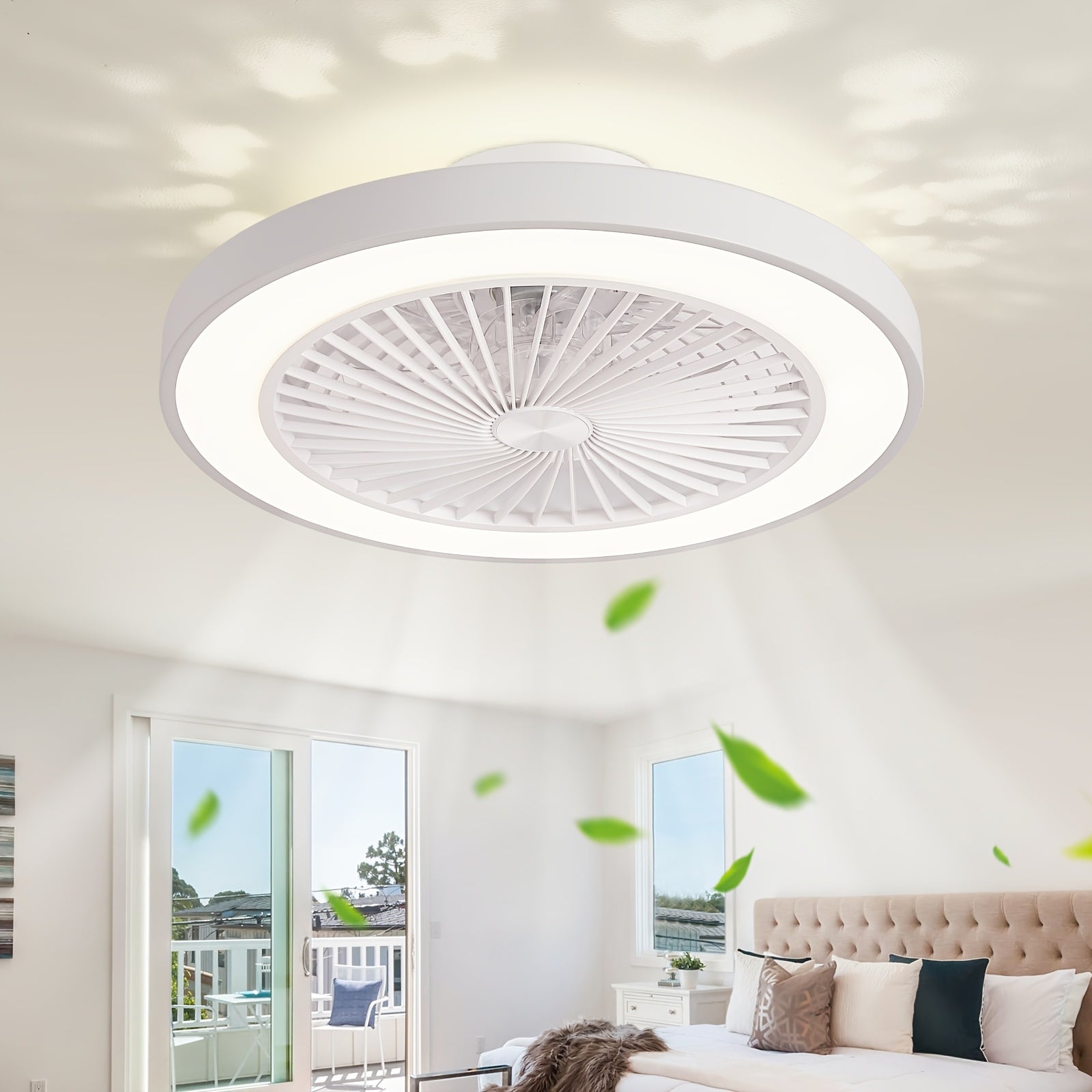 Modern Low Profile Ceiling Fan, 6 Speed Levels, Reversible Bladeless Design, 3000-6500K Dimmable LED Fan Light, Smart Timing Function, Suitable for Living Room, Bedroom, Office, Kitchen
