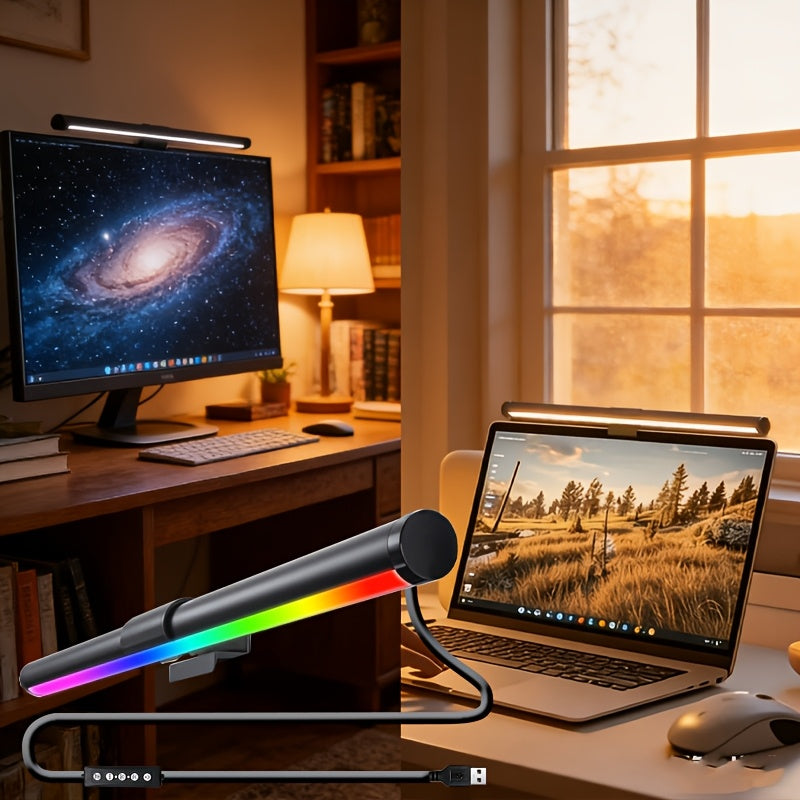 15.57-inch RGB dual-sided screen light, USB screen ambiance light, lighting tube, desk lamp, three-color adjustable, RGB幻彩, five-button USB wired control, 45-degree adjustable angle, eye-protection light, reading light, cool lighting modes