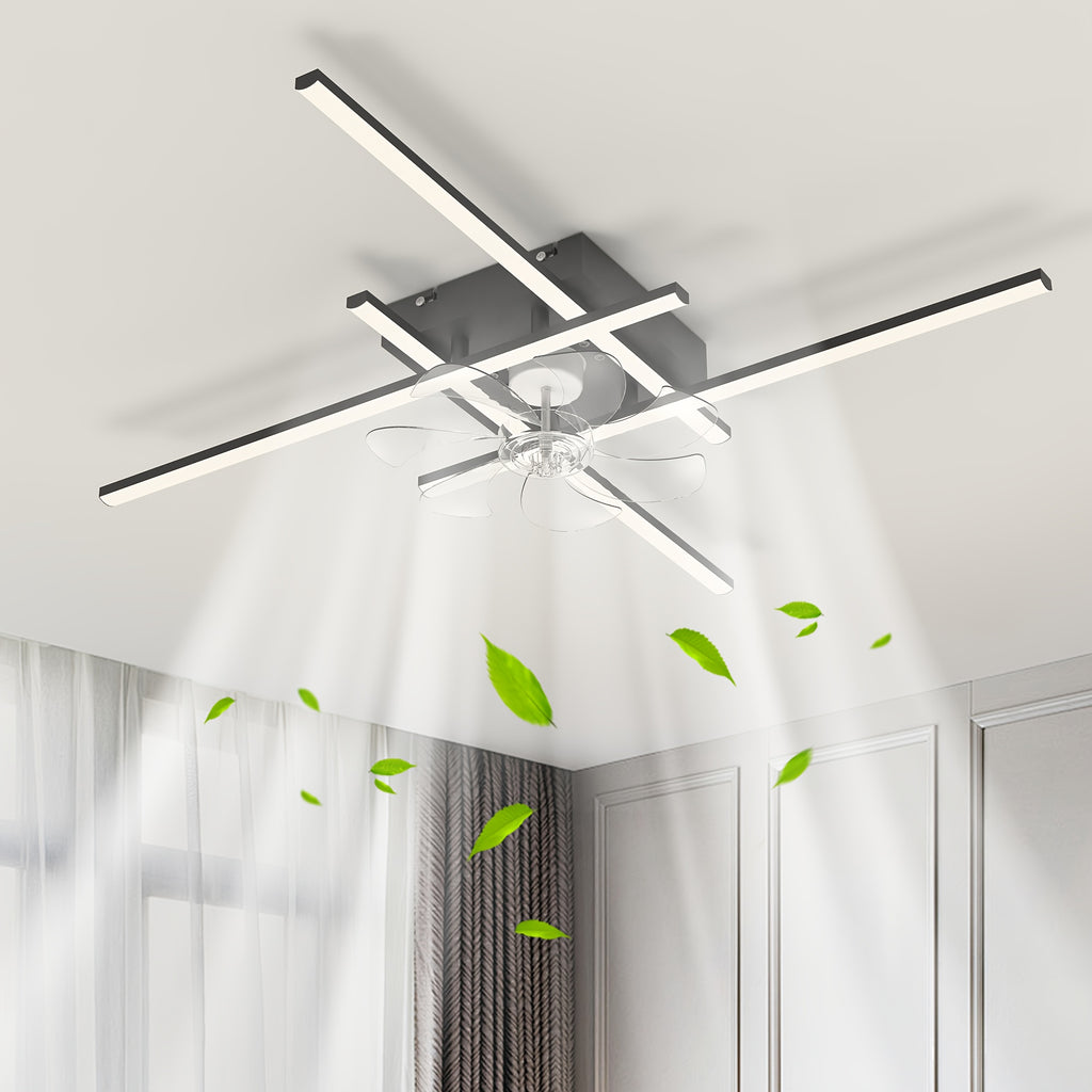 Modern LED Ceiling Fan with Light and Remote Control, Black Sputnik Semi-Flush Mount Ceiling Fan, Modern Chandelier Lighting Fixture for Bedroom Living Room Dining Room Kitchen Office