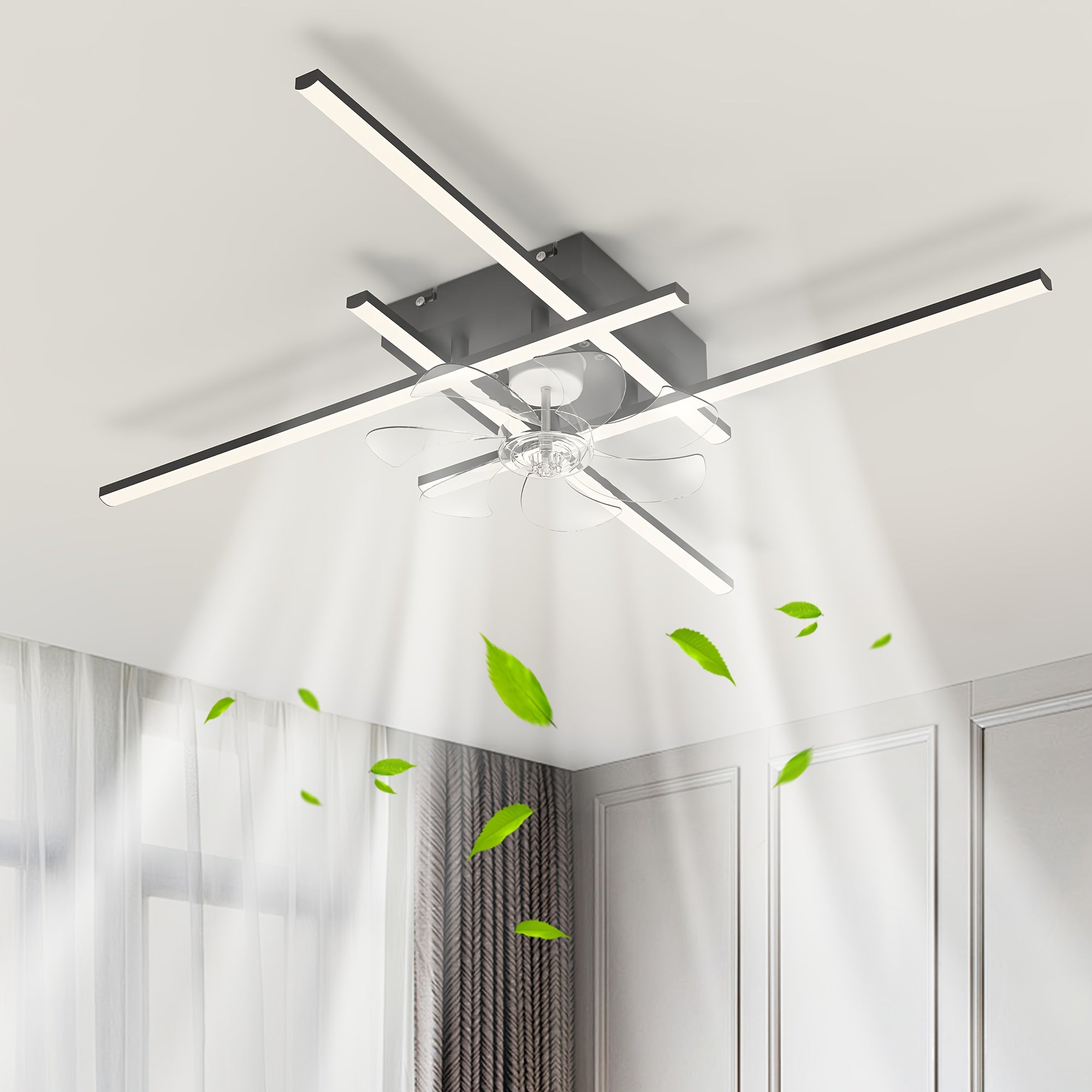 Modern LED Ceiling Fan with Light and Remote Control, Black Sputnik Semi-Flush Mount Ceiling Fan, Modern Chandelier Lighting Fixture for Bedroom Living Room Dining Room Kitchen Office