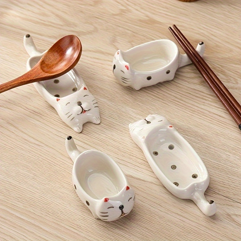 2Pcs/1Set Cat Ceramic Sauce Dish, Ins Japanese Style Cute Cat Multi-Functional Seasoning Tray 10*4.5cm/3.94*1.77in, Chopstick Rest, Small Plate for Snacks, Sushi, Soy Sauce Dip 13.5*4.5cm/5.31*1.77in