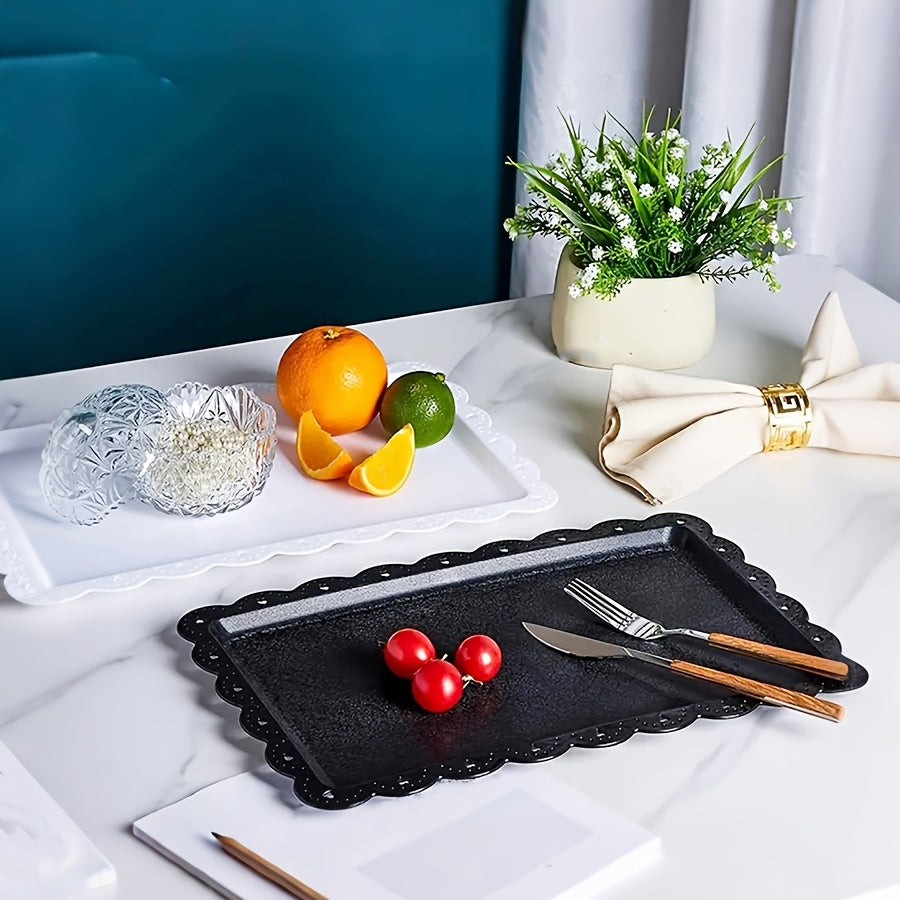 3/4/5-Piece Set Plastic Food Tray with Lace Edge, Rectangular Food Tray – Perfect for Outdoor Camping, Party Buffets, Kitchen, Dining Room – Small Flat Tray for Desserts, Fruit, Cookies, Snacks (White, Black)