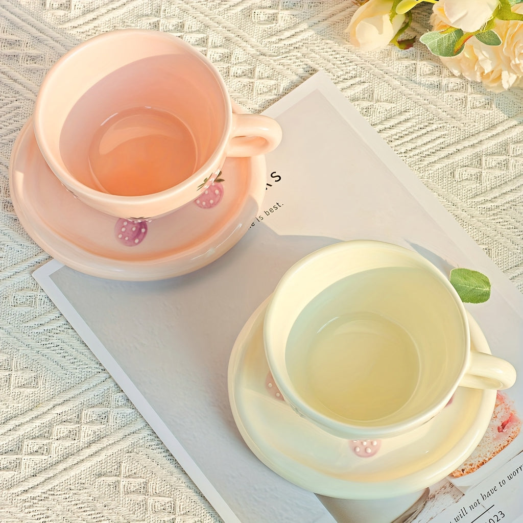 1 Set Creative Simple Hand-Pinched Hand-Painted 3D Relief Cherry Blueberry Lemon Ceramic Coffee Cup & Saucer for Home Use