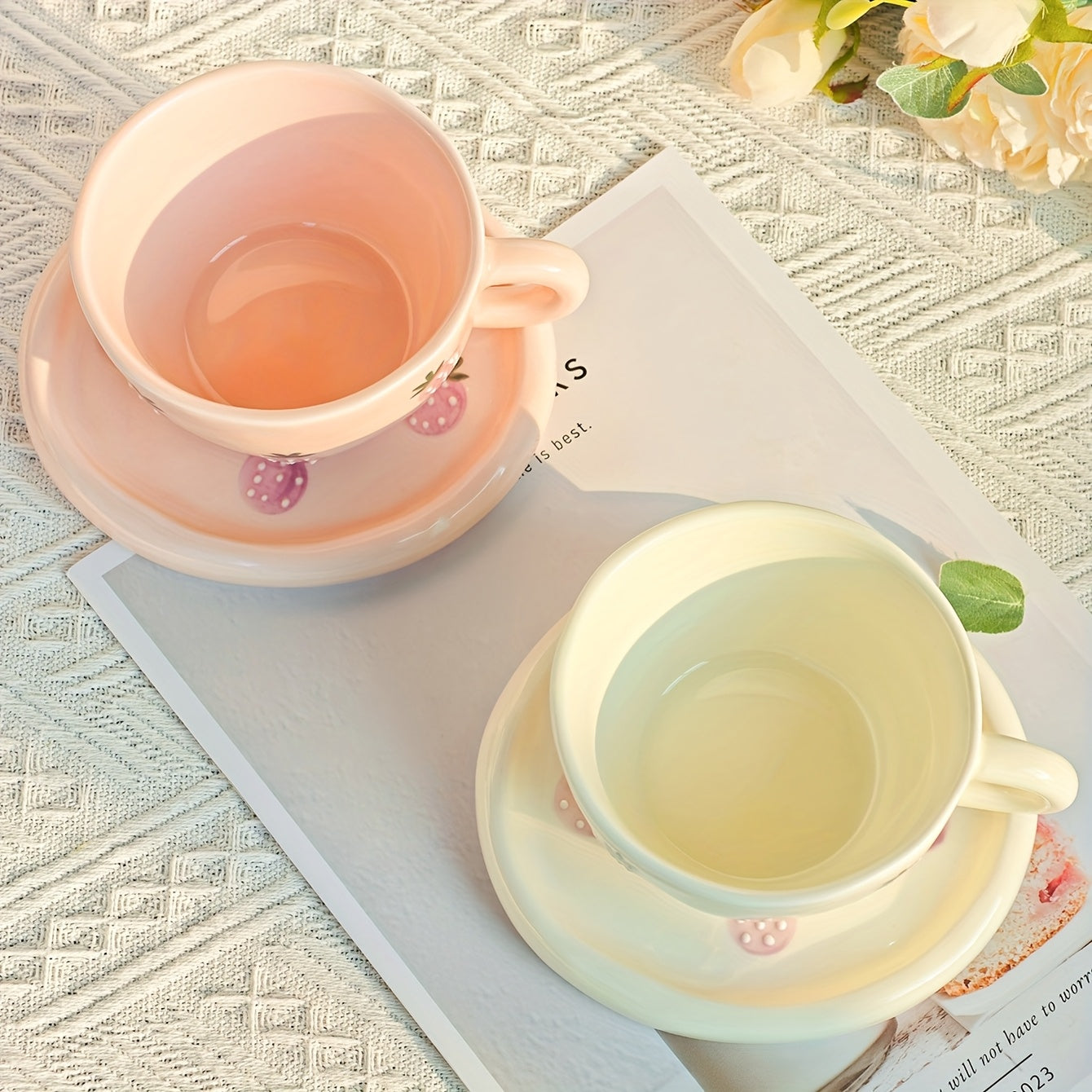 1 Set Creative Simple Hand-Pinched Hand-Painted 3D Relief Cherry Blueberry Lemon Ceramic Coffee Cup & Saucer for Home Use