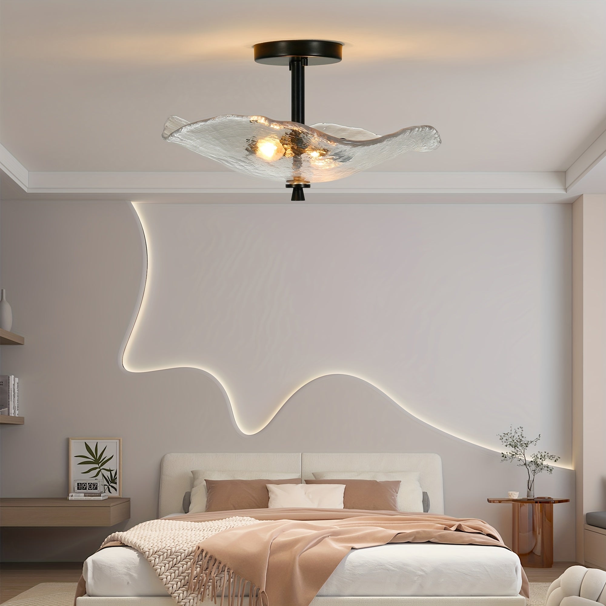 16.5-inch modern semi-flush mount ceiling light (black), water lily-shaped dual-light ceiling light, elegant near-ceiling lighting, with clear glass lampshade, suitable for bedroom, dining room, entryway and bathroom (E12 base, bulb not included)
