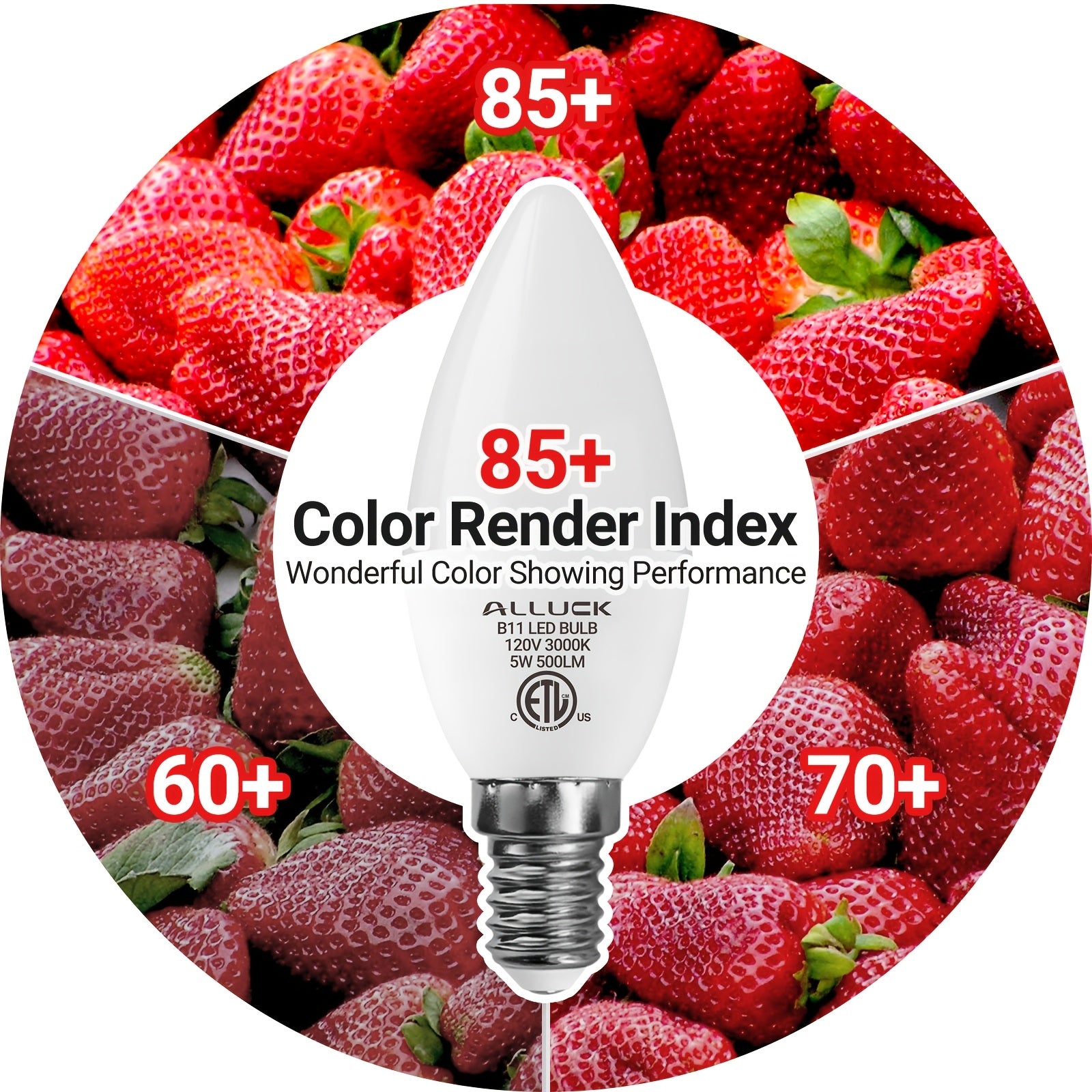 ALLU, 12-pack, B11/C37 LED candelabra bulb 5W 500 lumens (50W equivalent), E12 base, CRI 85+, 3000K/5000K/6500K color temperature, AC110-130V non-dimmable, suitable for home, bar, restaurant and hotel decoration