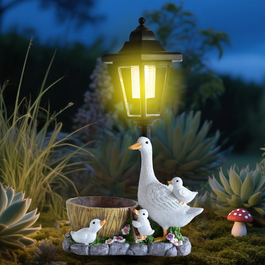 One Set Solar Light Outdoor Statue of Duck with Flower Basket, Courtyard Goose-Shaped Garden Decoration, Outdoor Lawn Decor, Large White Goose Home Decoration with Flower Basket, Ideal Gift to Enhance Outdoor Atmosphere