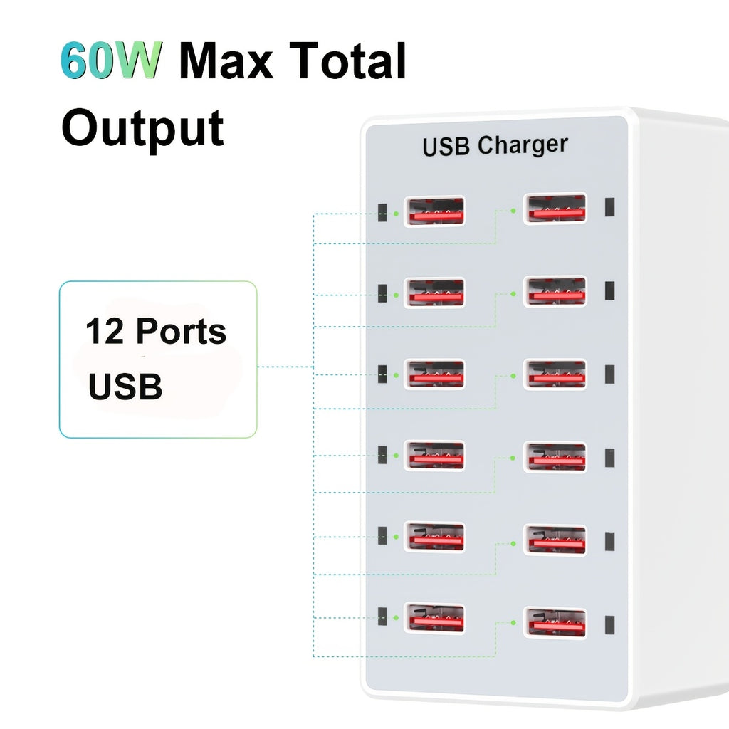 USB Charger 12-Ports USB Charging Station for Multiple Devices USB Wall Charger Power Hub Strip Smart Plug Charging Dock Block for iPhone Xs/XR, iPad, IPod, Galaxy S9/S8, Laptops And Smart Phones 60W/12A