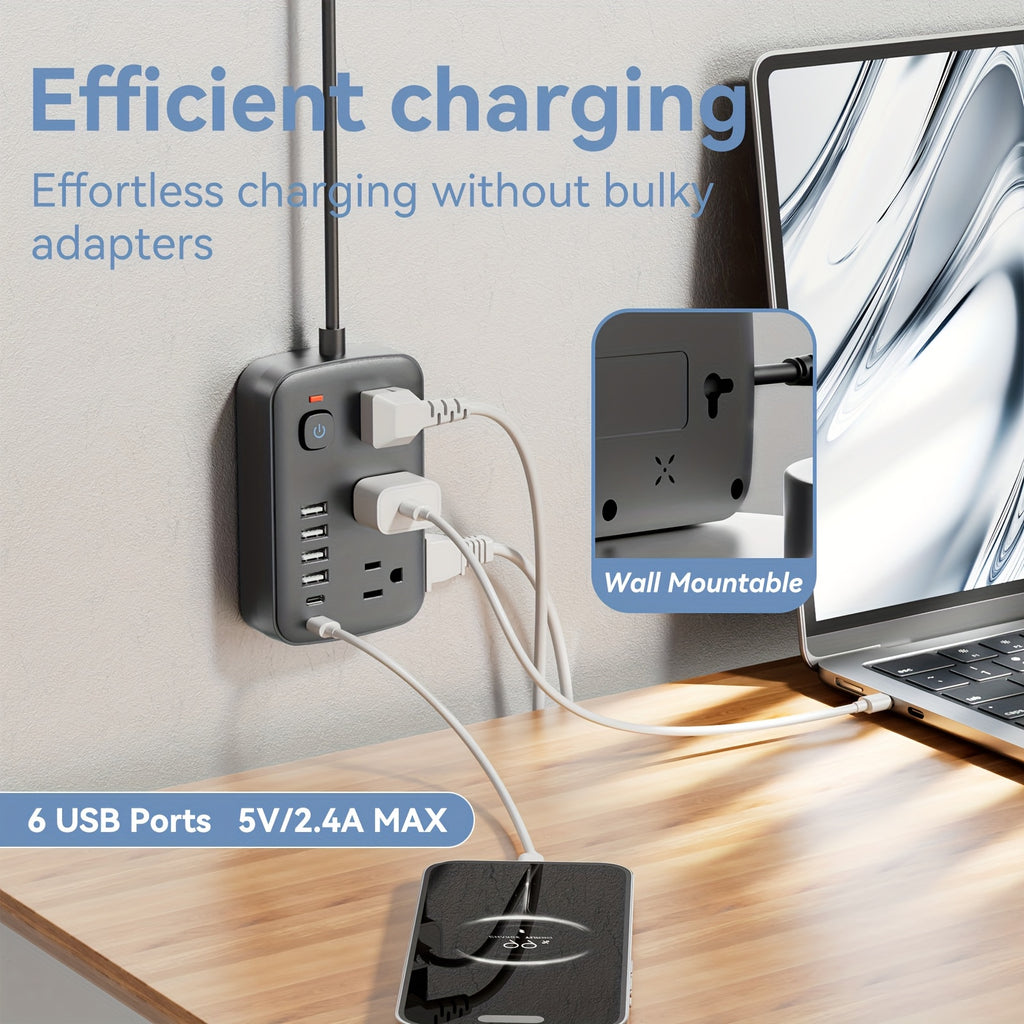 Travel Power Strip Featuring 12 Functions, Equipped with a 5FT/10FT Cord, 6 AC Outlets, 4 USB-A Ports, And 2 USB-C Ports, Includes Overload Protection And Can Be Mounted on a Wall for Desk Charging
