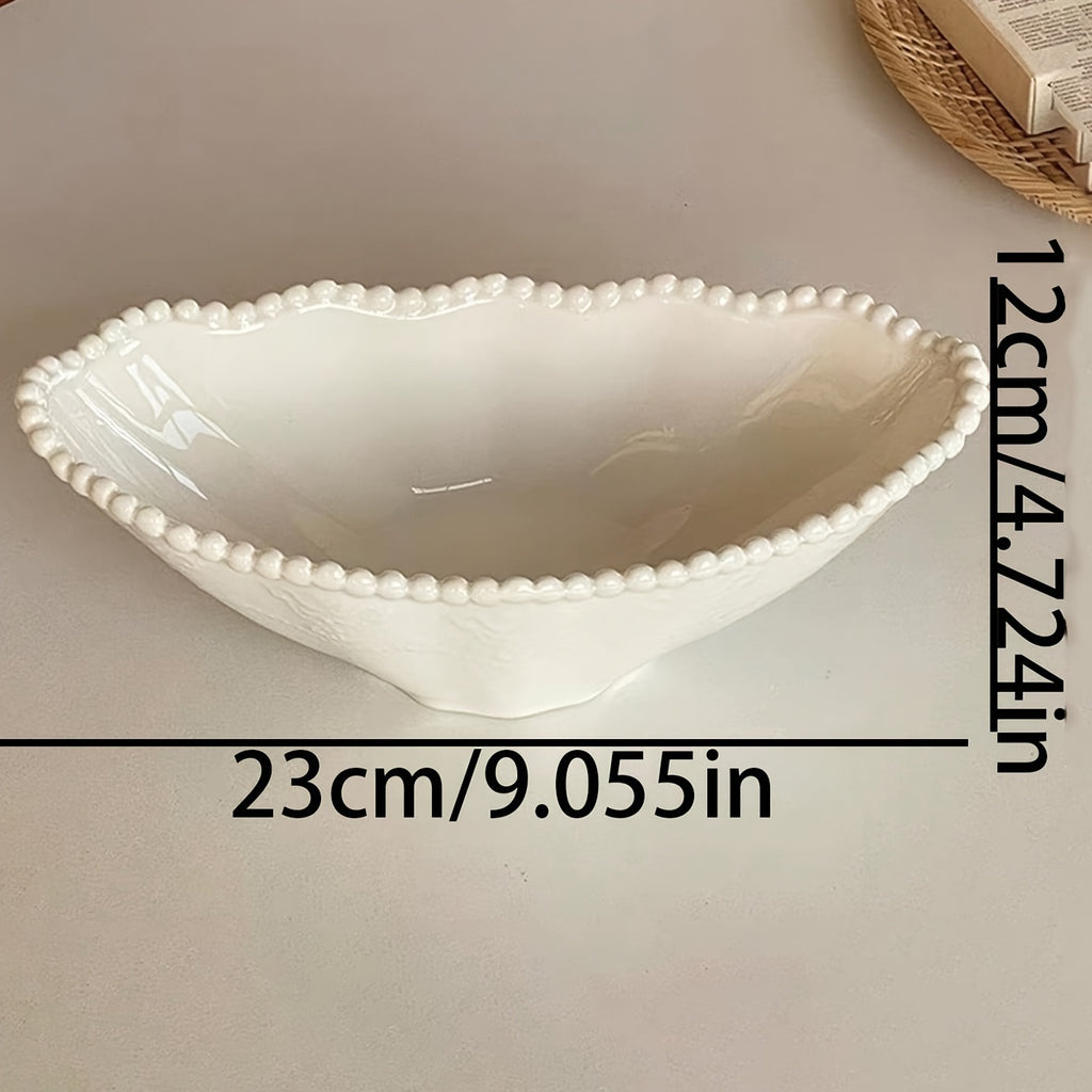 1 Embossed Pearl Oval Ceramic Snack Bowl, French Vintage Pearl Oval Bowl, High-Appeal Large-Capacity Home Serving Bowl, Perfect for Restaurant, Hotel, Party Tableware