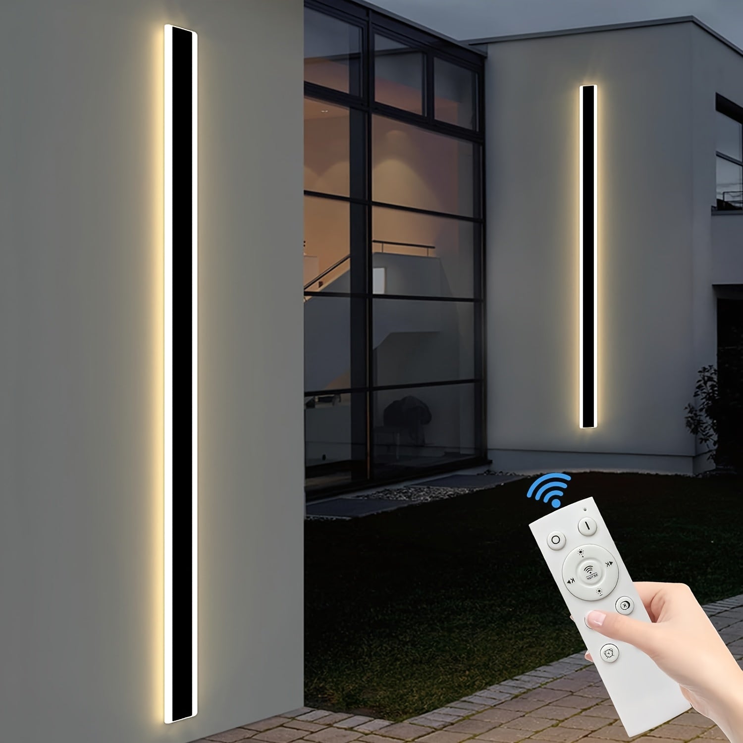 1/2-Piece Modern Outdoor Wall Light, 10%-100% Dimmable Linear Exterior Wall Light, IP65 Waterproof 3000K/4500K/6000K Long LED Wall Light with Remote Control Dimming, Heavy-Duty Hardwired Installation, Suitable for Porch, Garage
