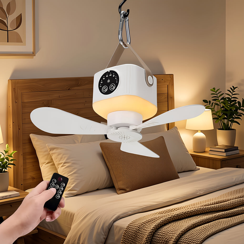 1 Pack Rechargeable Camping Fan Light, 3 Warm Light Modes, Outdoor Patio &amp; Indoor Bedroom Bedside Lamp, Hanging/Stand Mountable, Multi-Function Camping Light with Fan, Remote Control, Ideal for Summer, RV, Truck, Roof Tent, Travel and Camping