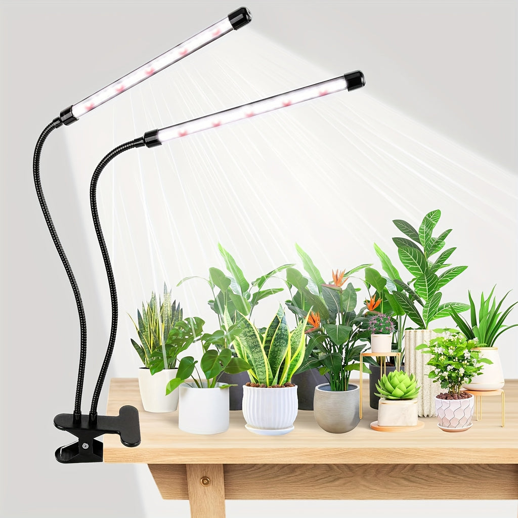 White & Red Clip Plant Light, 2-Head USB Powered Grow Lamp, 3/9/12H Timer, Adjustable Color Temperature & Brightness, LED Plant Growth Lighting for Indoor Potted Plants, Flowers & Home Decoration