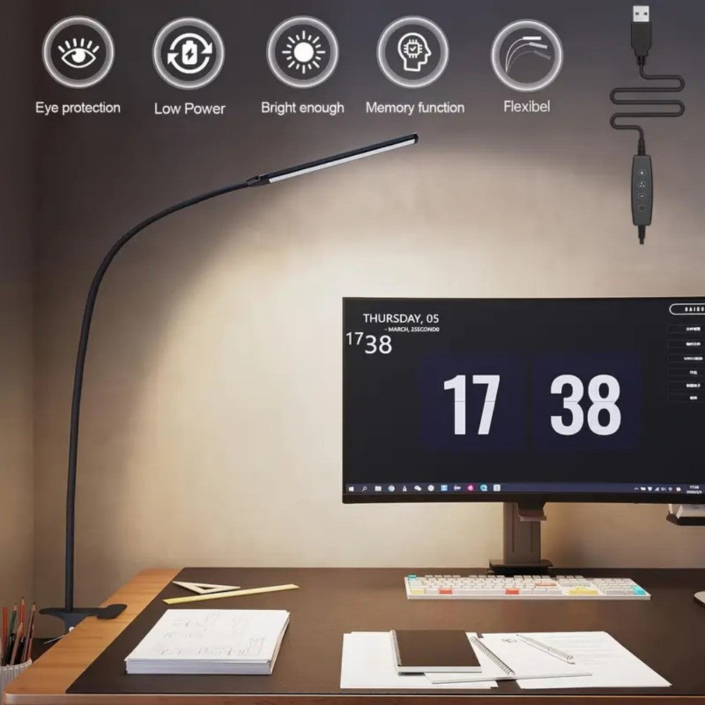 Clip-on desk lamp, soft gooseneck freely adjustable, adjustable brightness and dimmable, one-key switch: white light (efficient work), warm yellow (comfortable leisure), yellow light (romantic atmosphere), suitable for living rooms, studies