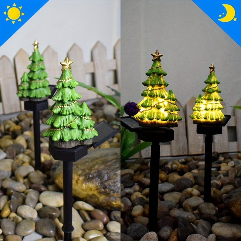 太阳能圣诞树灯树脂工艺品LED户外照明装饰景观灯太阳能花园灯草坪灯用于庭院花园路径草坪节日装饰圣诞节