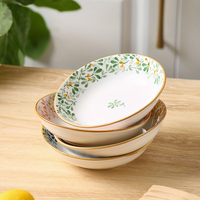 4-Piece Ceramic Dinner Plate Set with Floral Pattern – Perfect for Parties, Hot Pot, Picnics & BBQs – Ideal for Serving Fruit, Vegetables, Desserts & Salad