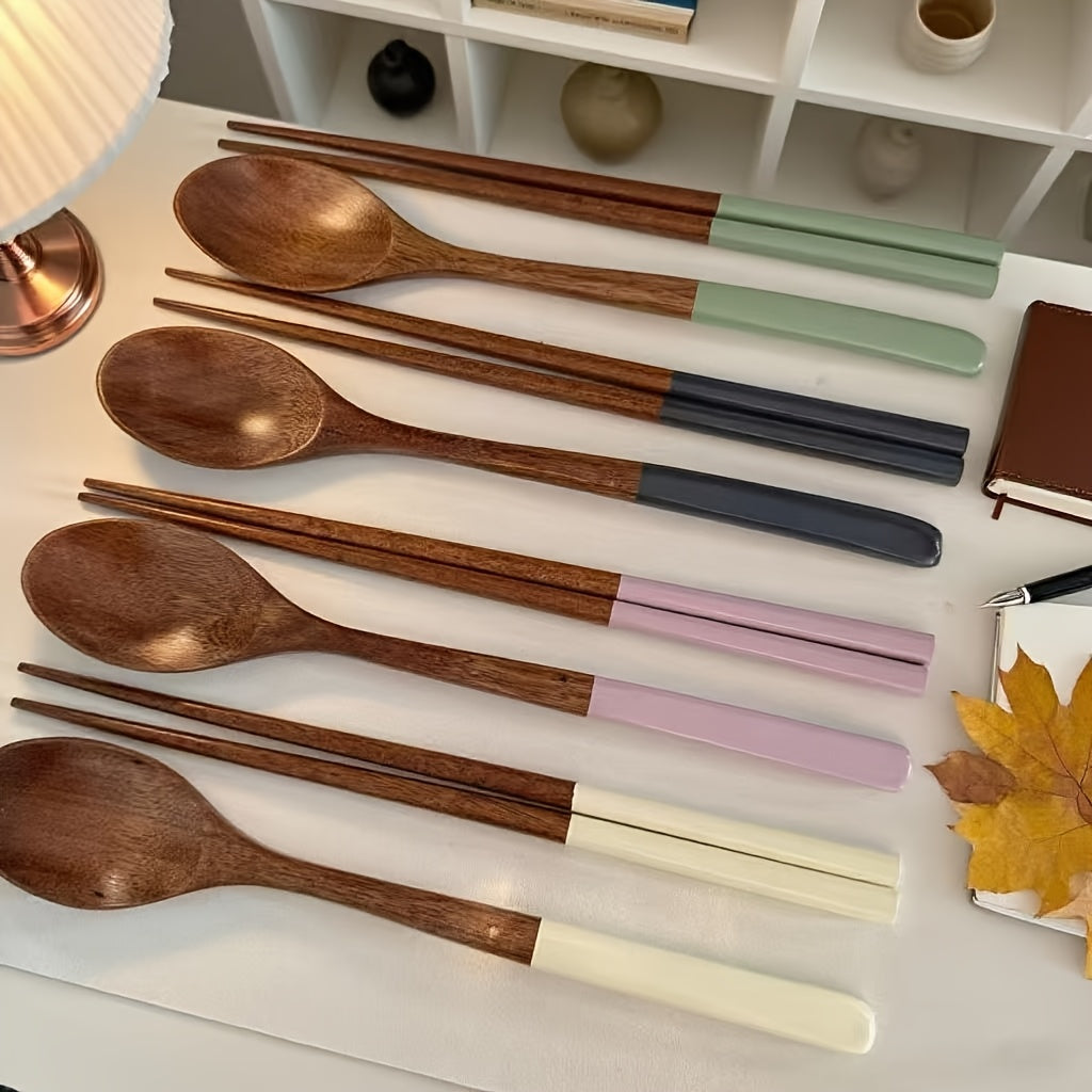 4-Piece Japanese Macaron Color Series Wooden Long Handle Colored Spoon & Chopstick Set – Handmade Reusable Cutlery Set – Essential for Christmas, Halloween, Easter Holidays – Durable Home Tableware Necessity – Perfect for Kitchen & Dining Room/