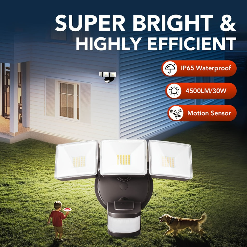 SYVIO Outdoor Flood Light, LED Security Light Coverage Area 4500 sq ft, 4500 Lumens / 30 Watts, IP65 Rating, 240 Degree / 50 ft Detection Range, 3 Modes (Dusk to Dawn), Suitable for Patio Garden, Garage and Backyard FT Area Lighting