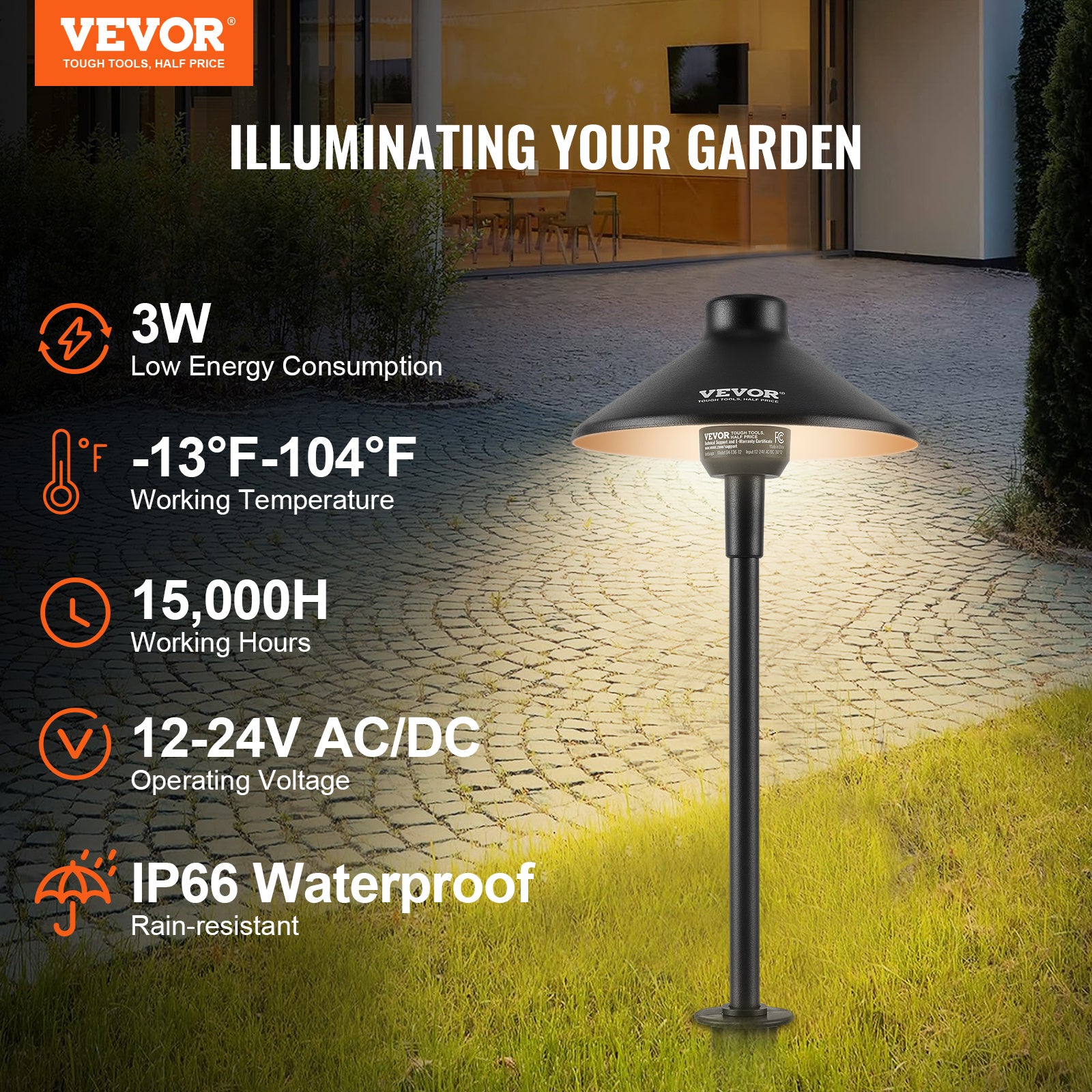 VEVOR 12 Pack Low Voltage Landscape Path Lights, 3W 210LM 12V-24VAC/DC Outdoor LED Pathway Lighting, 3000K Warm White with Quick Connector, IP66 Waterproof for Courtyard Garden Sidewalk