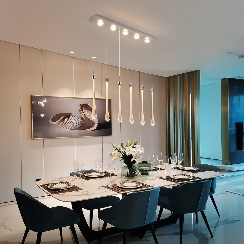 Qcyuui 6-light modern crystal teardrop pendant light - dimmable RGB-like color temperature (3000K-6000K) LED pendant light, with remote control, adjustable height and semi-flush mount installation, polished chrome finish