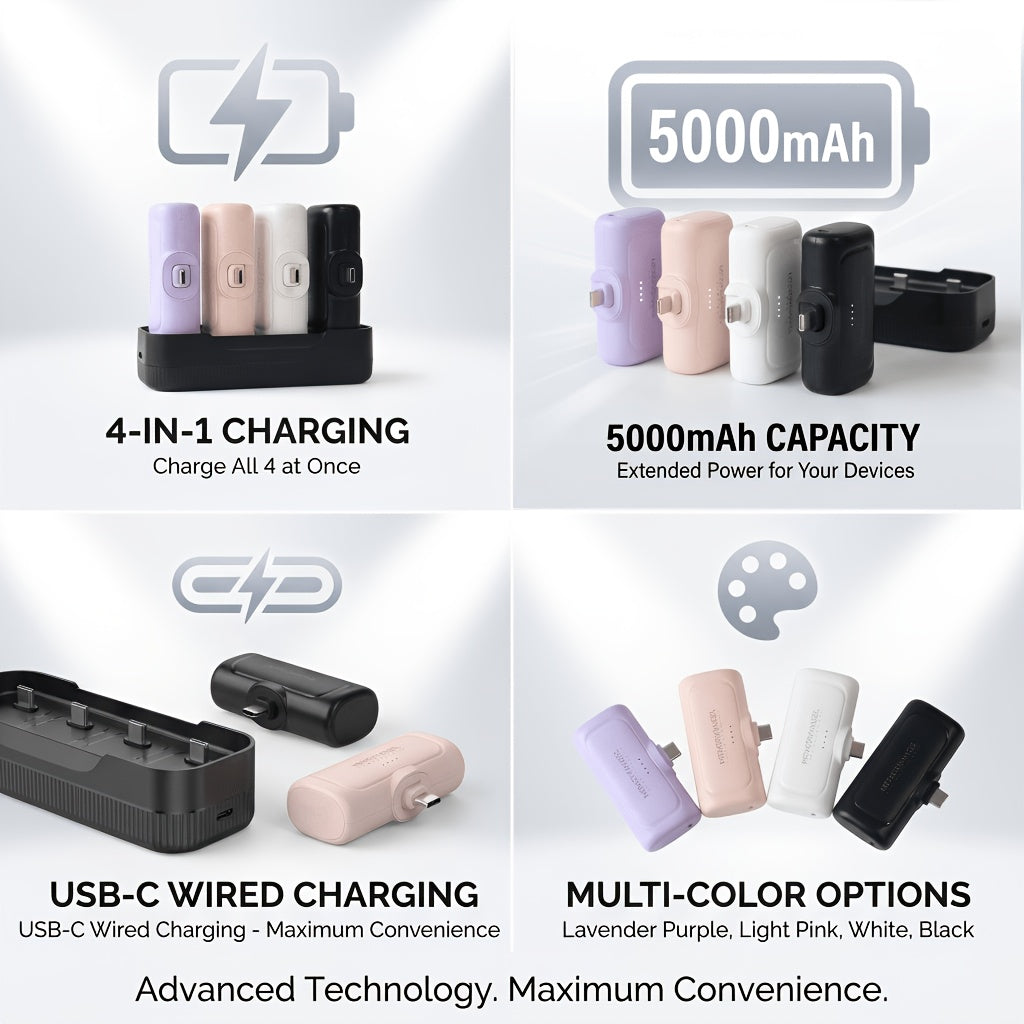 Four-in-one Set 22.5W Fast Charging 20000mAh Mini Portable Charger | 5000mAh*4pcs USB-C Power Bank with Charging Station, Compact Design, Ideal for Daily Use Or Travel, Rechargeable Lithium-Polymer Battery