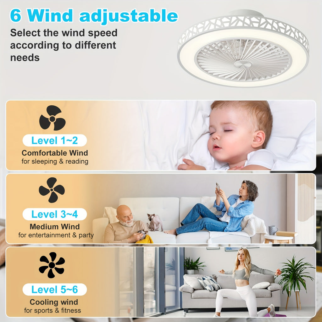Inch Modern Slim Ceiling Fan, 6 Speed, Reversible Bladeless Design, 41W Dimmable LED Fan Light, Quiet Timing Lighting for Bedroom, Living Room and Office