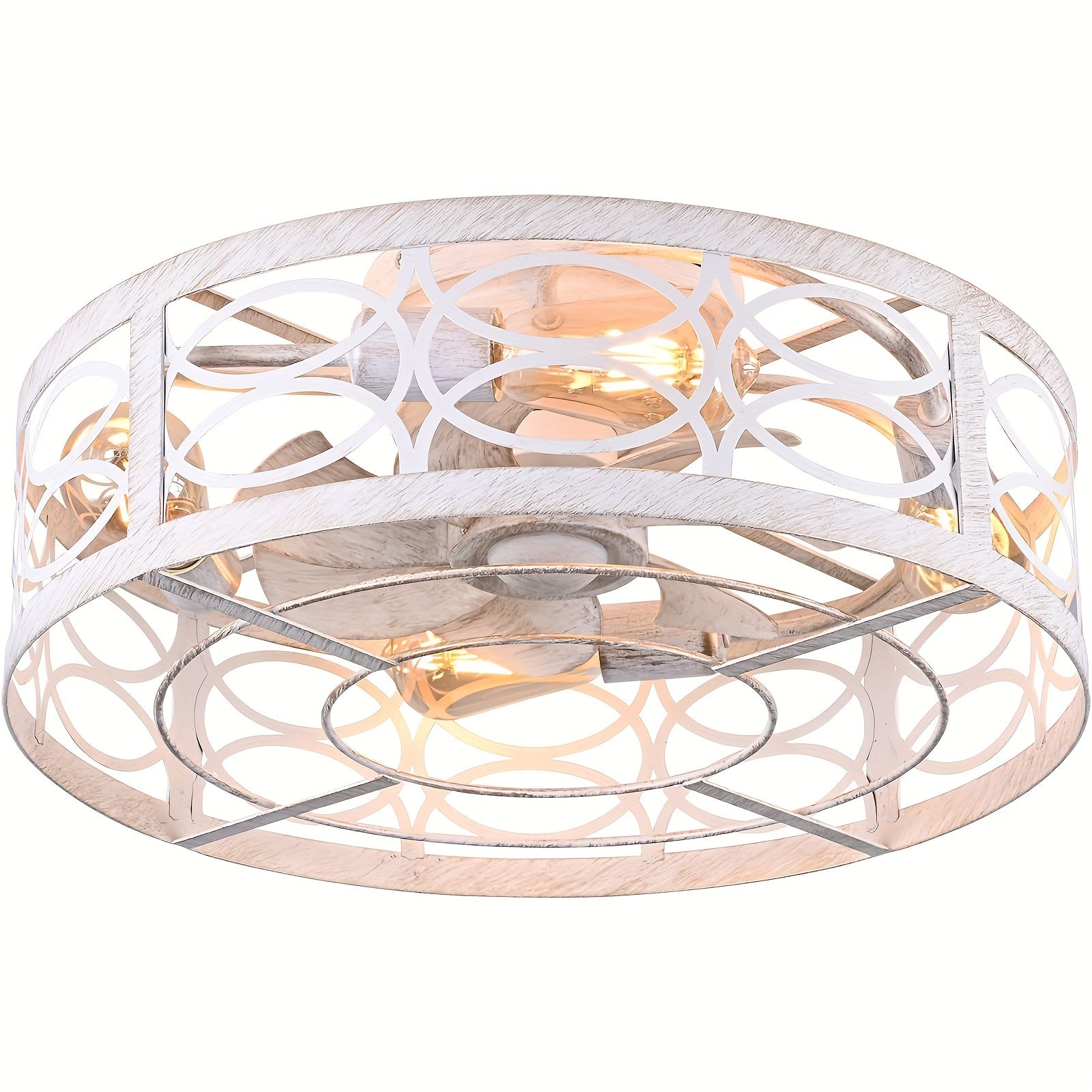 Enker Modern White Industrial Ceiling Fan Light - Remote & IR Control, 7-Blade Silent Motor, 6-Speed Adjustable, E26 Bulb Compatible (Bulb Not Included), Flush Mount for Kitchen, Bedroom, Dining Room - Polished Metal Mesh Cover