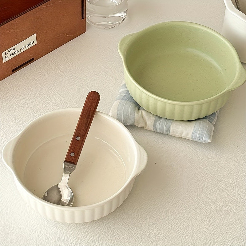 1 Ceramic Bowl with Ear Handles, Large Capacity Ceramic Plate, Soup Bowl, Salad Bowl, Noodle Bowl, Oven & Microwave Safe, Dinnerware, Kitchen Supplies for Salad, Fruit, Pasta, Kitchenware, Tableware Accessories/