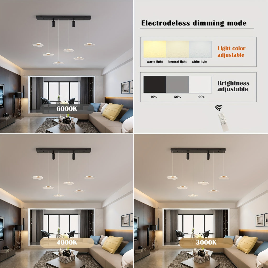 Enkerr modern style 6-head dimmable LED pendant light, with remote control, adjustable color temperature (3000K-6000K) and brightness, infrared remote control, memory function, large ceiling light suitable for kitchen island