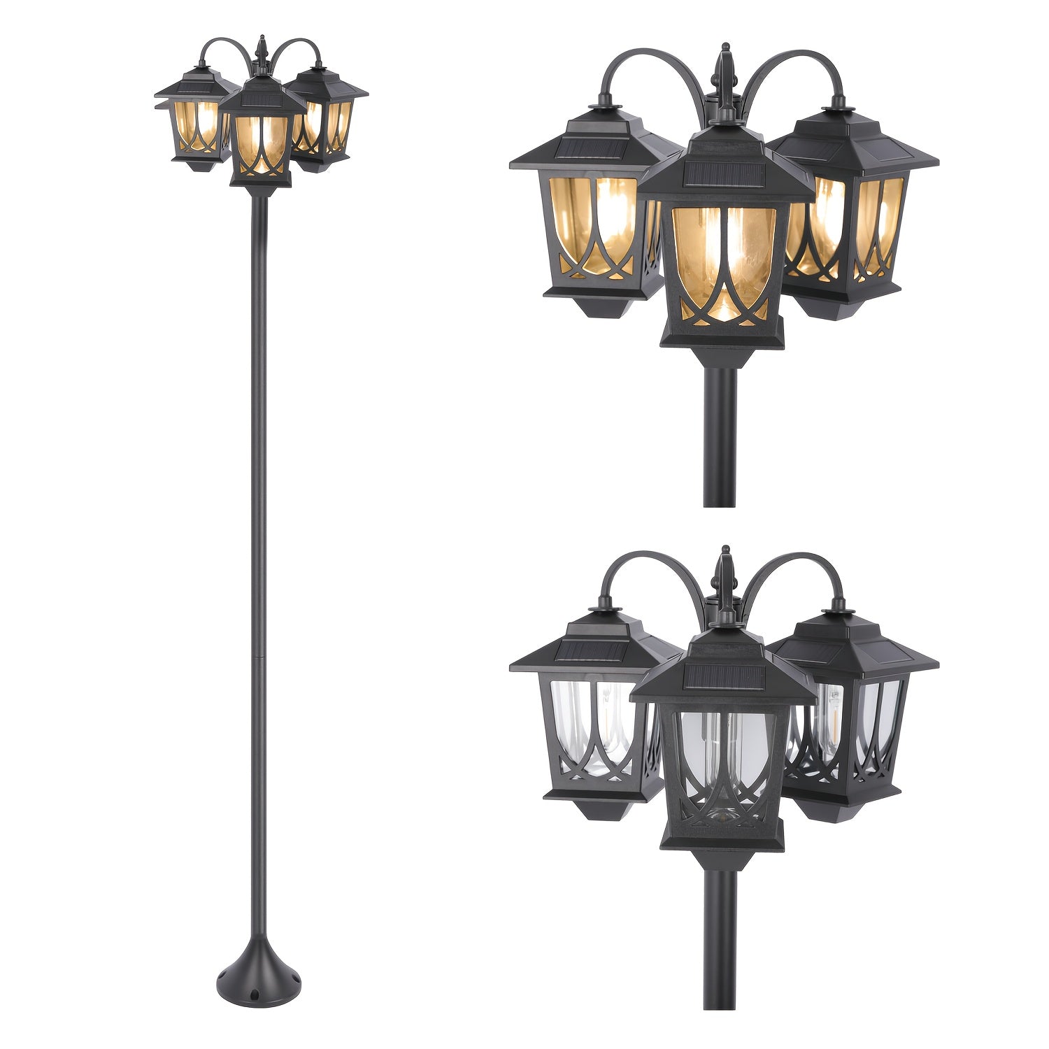 3-Head Solar Outdoor Lamp Post | 73 Inch Light Post, Dusk-to-Dawn Auto On/Off, Metal Material, Semi-Flush Mount Installation, Suitable for Garden Courtyard Home, Mardi Gras, Easter Decoration