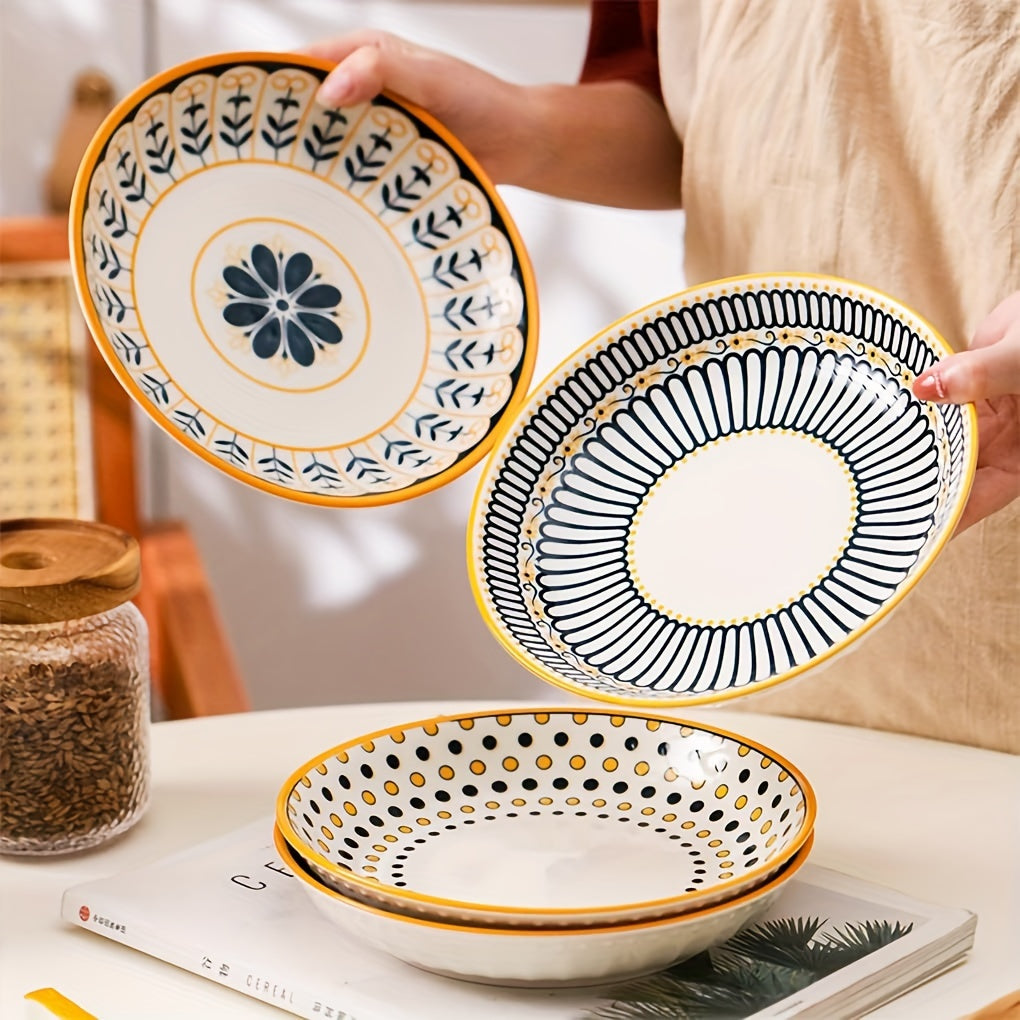 2pcs, 8-Inch Ceramic Bowls, Mixed Colors, Creative Shallow Soup Bowl, Pasta Bowl, Dessert Plate, Large Salad Bowl for Home Kitchen & Restaurant, Kitchenware, Tableware Accessories