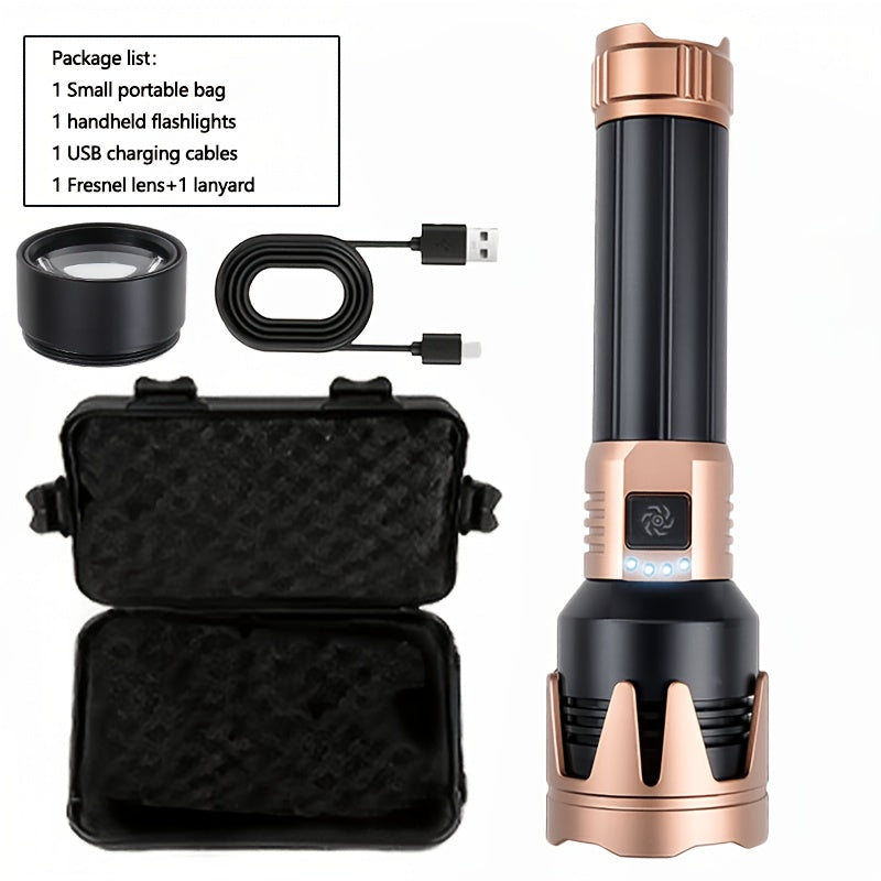 All-Aluminum Flashlight, Includes Small Storage Pouch, Equipped with Durable 5000mAh Battery, Zoomable Lens, Fresnel Lens Ignition Function, A Great Gift Idea. Features a Hands-Free Lanyard Design