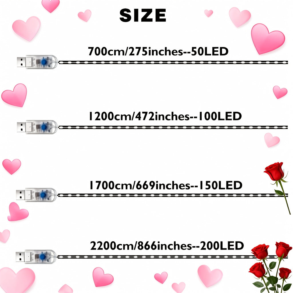 情人节户外灯管灯串，205/155/105/55 LED灯串，仙女灯，8种照明模式，适用于户外情人节、室内、游泳池、派对、花园、婚礼和圣诞节假日装饰