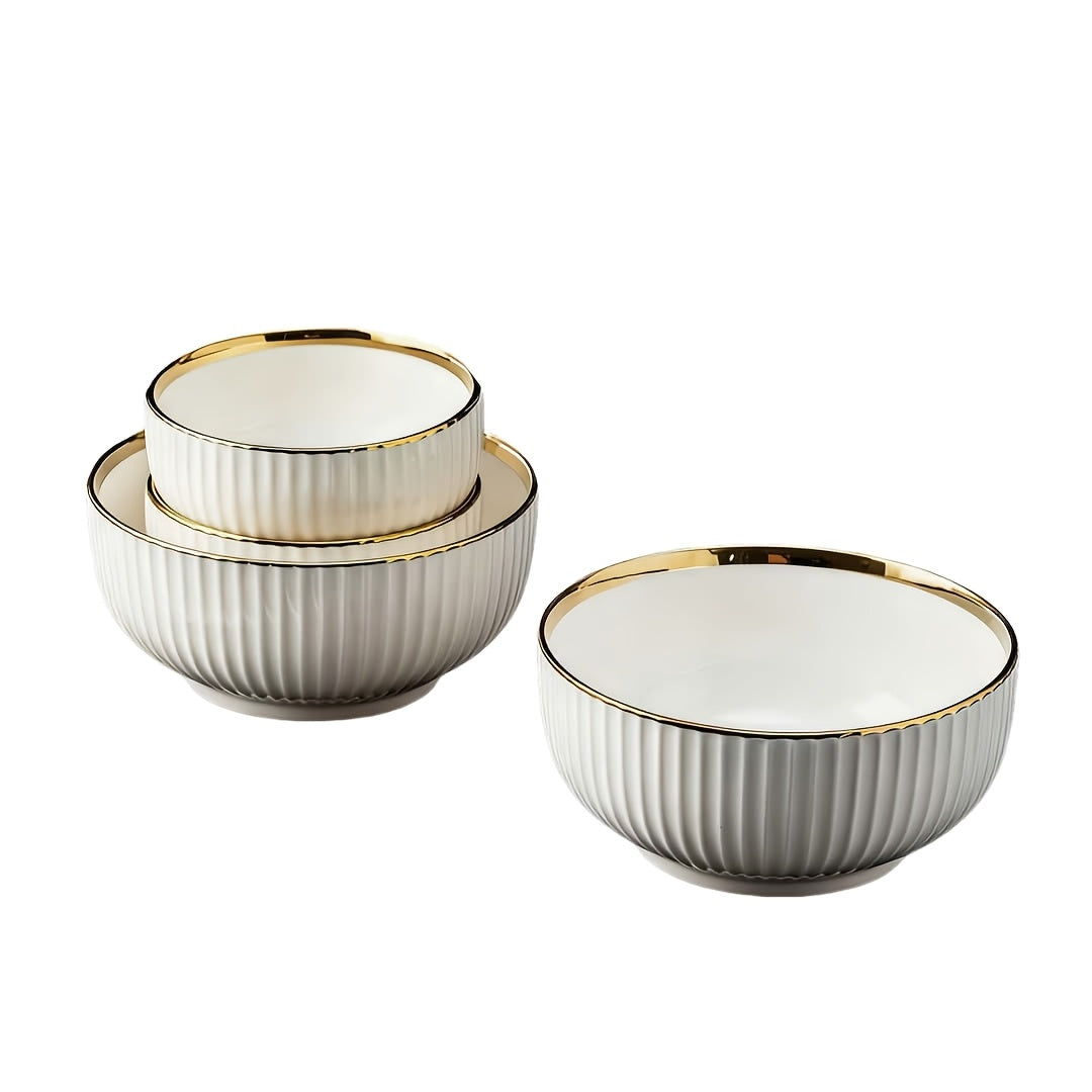 4-Piece Luxury Gold Rim Ceramic Noodle Bowl Set, Salad & Fruit Bowl, Round Kitchen Tableware – Dishwasher Safe