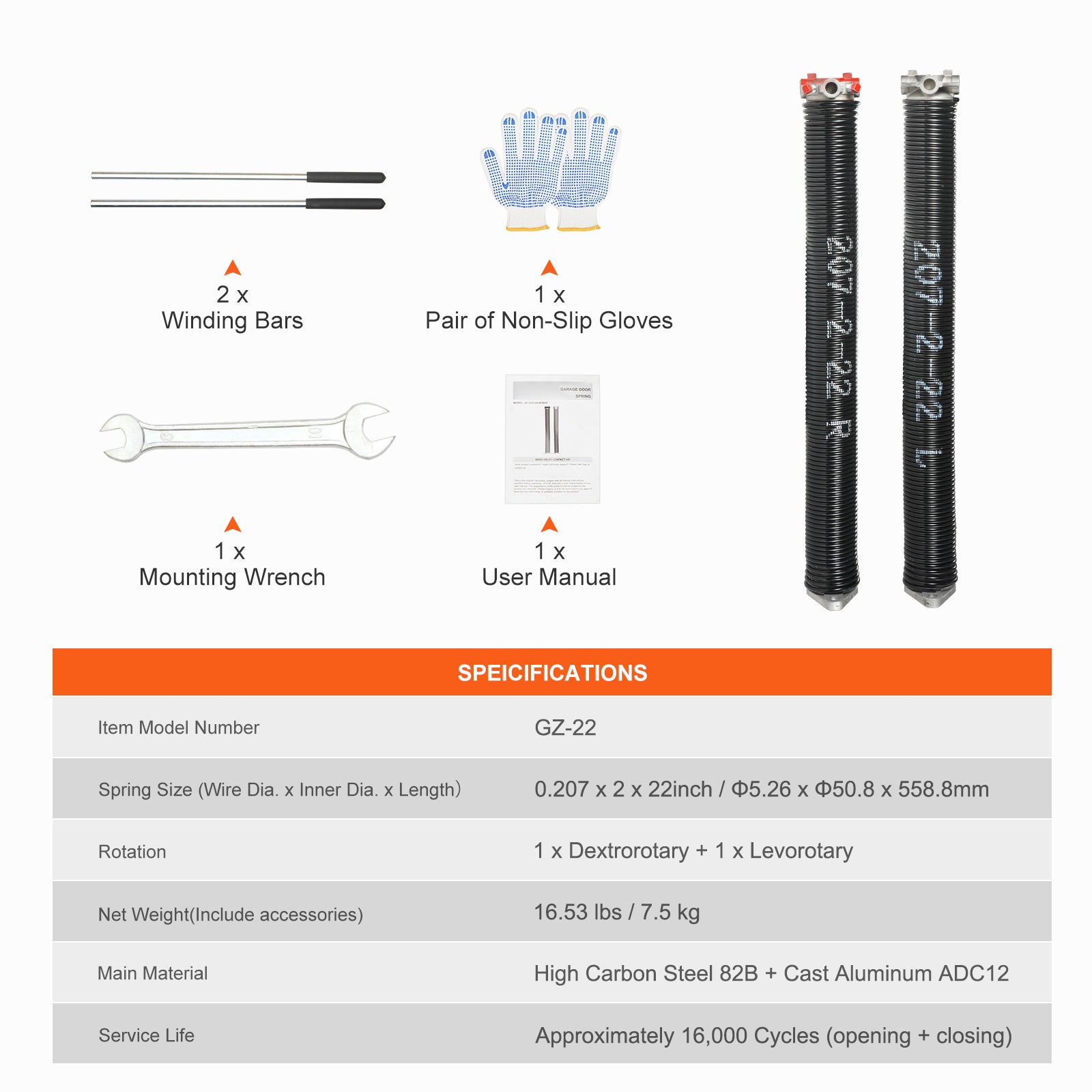 Garage Door Torsion Spring, 16,000 Cycles, 0.25 x 2 x 30in / 0.207 x 2 x 22in / 0.218 x 2 x 24in / 0.218 x 2 x 23in, with Non-Slip Winding Bars, Installation Tools and Gloves, Electrophoretic Coating, for Replacement