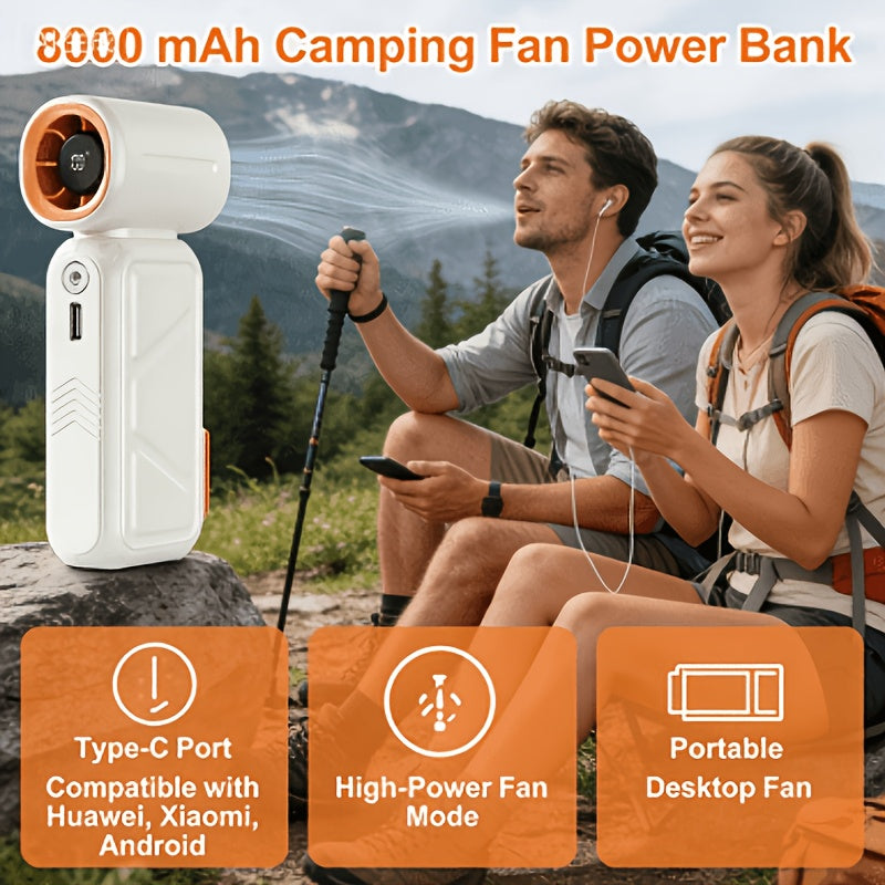 Portable Rechargeable Handheld Fan, 8000mAh Power Bank for Phone Charging, Built-in Phone Holder, USB Charging Neck Hanging Fan, Ideal for Office, Outdoor Camping and Picnic, Perfect Gift for Family, Friends, Valentine's Day and Christmas