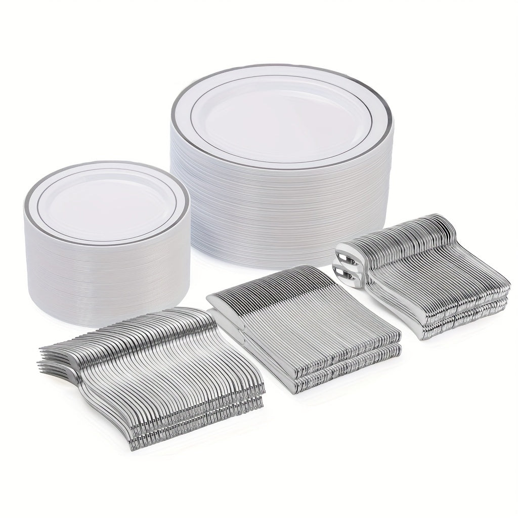 300-Piece Plastic Silver Plates – White & Silver Disposable Plate Set Includes 60 Dinner Plates, 60 Dessert Plates, 60 Forks, 60 Spoons, 60 Knives