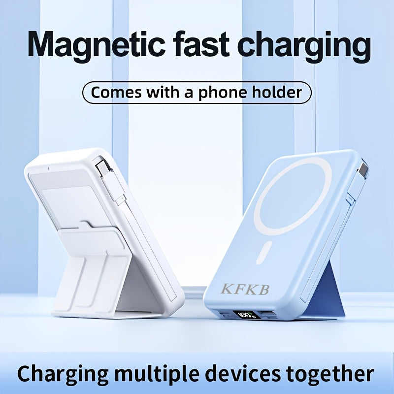 10000mAh 磁性行動電源，USB-C 快速充電外接電池組，內建資料線，可同時為 5 個裝置和筆記型電腦充電，並附支架-適合旅行、工作和日常使用、筆記型電腦、平板電腦、多裝置充電器、旅行、徒步旅行、露營、健身房、辦公室緊急 USB-C 外接電池