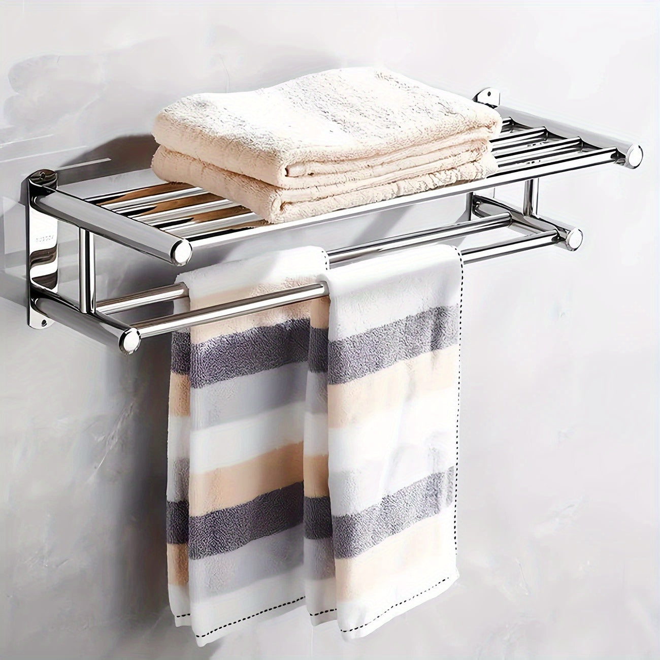 1pc Wall Mount Bathroom Double Layer Shelf - 19.69" Long, Easy Install with 5 Hooks, Polished Mirror Finish, Wide Spacing for Ventilation & Drying, for Home Bathroom, Hotel Toilet